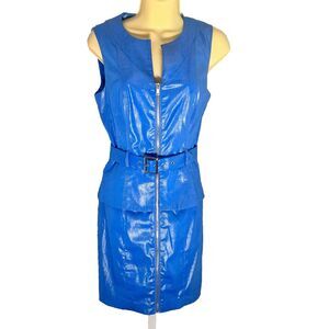 Bebe Dress Womens 2 Victorian Blue Pebluym Zip Belted Retro Fitted Party Retro
